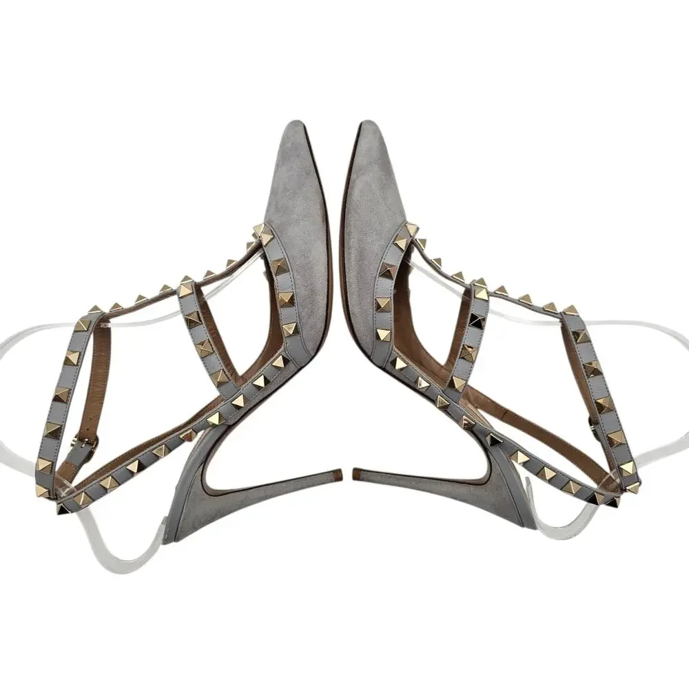 Valentino Garavani Rockstud Cage Heel Pump T Strap Gray Suede Gold Size 38 US 8